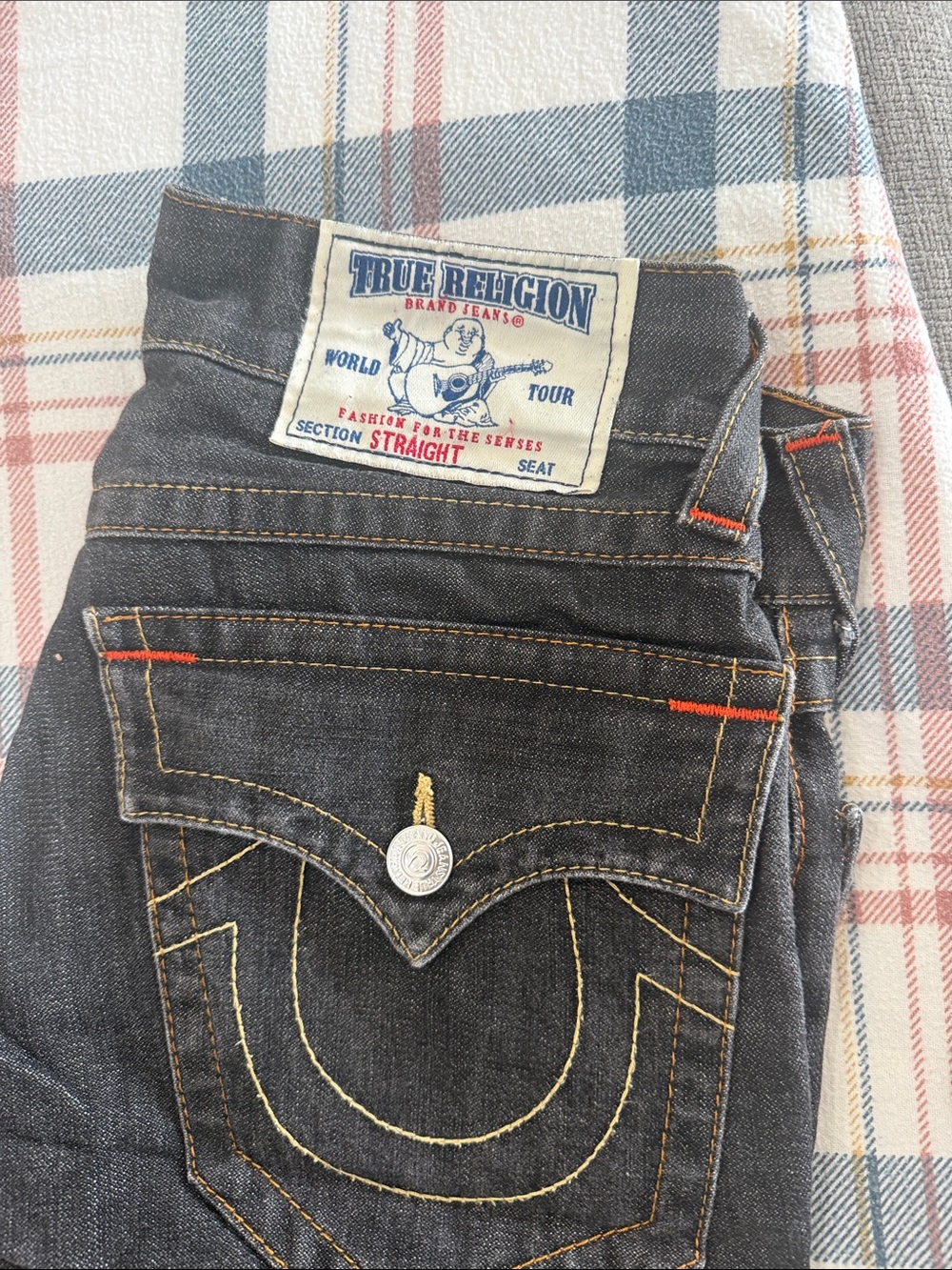 True Religion Black Jeans with Yellow & Orange Stitching